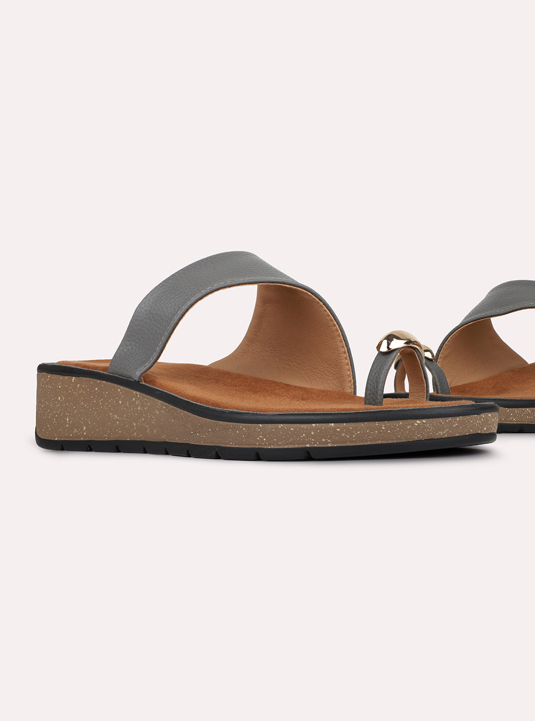 Womens Grey Casual Solid One Toe Slip-On Flats