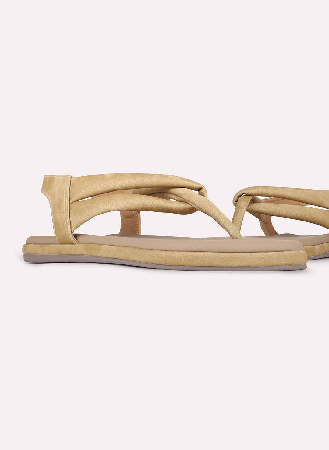 Womens Beige Casual Solid Pattern T-Strap Flats