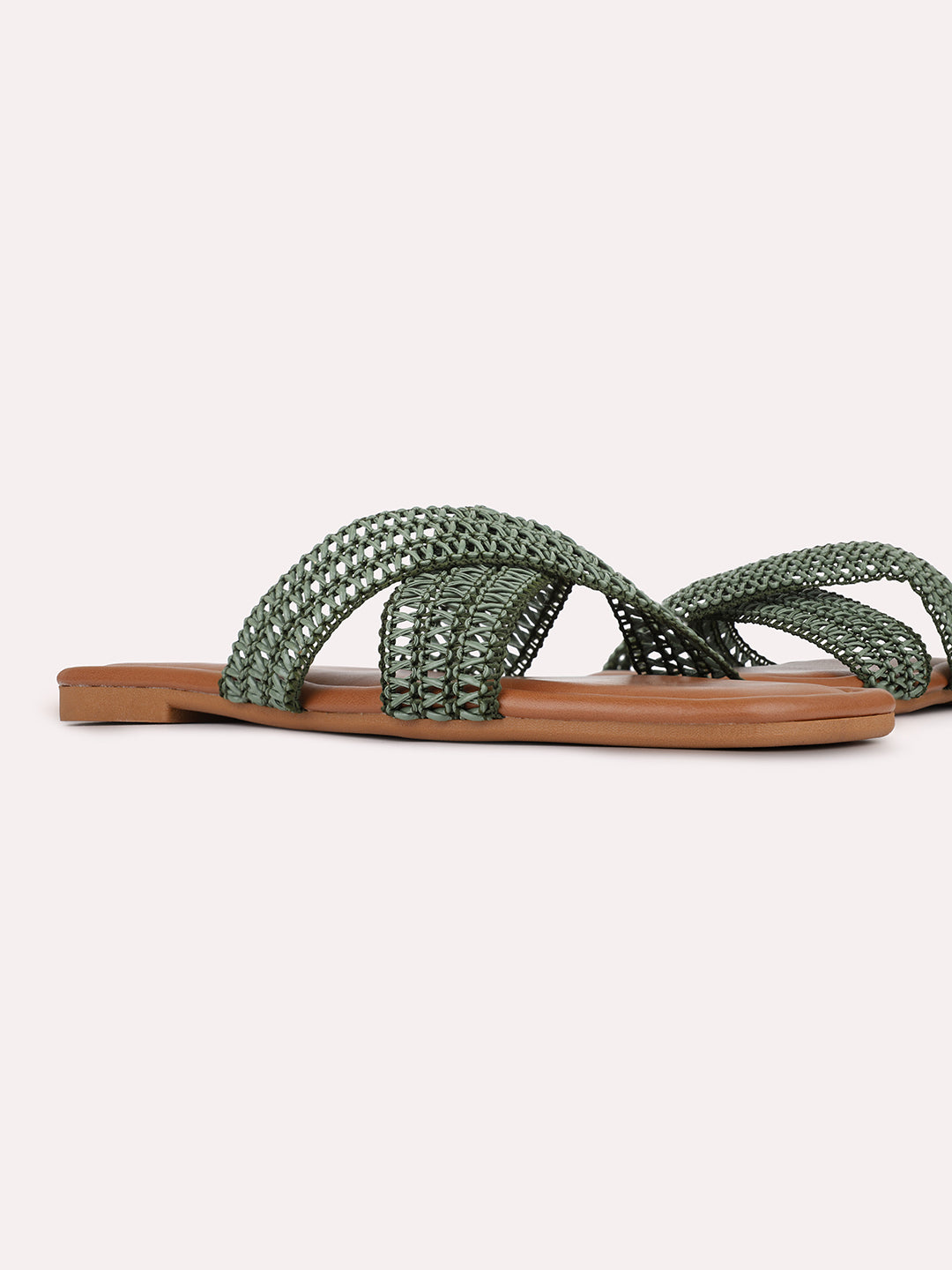 Womens Green Casual Woven Design Open Toe Slip-On Flats
