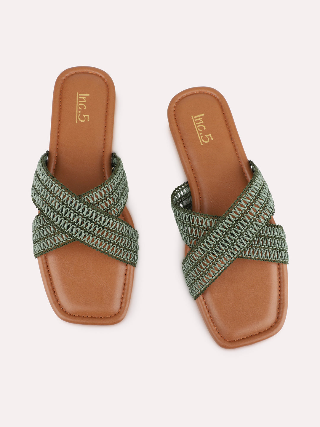 Womens Green Casual Woven Design Open Toe Slip-On Flats