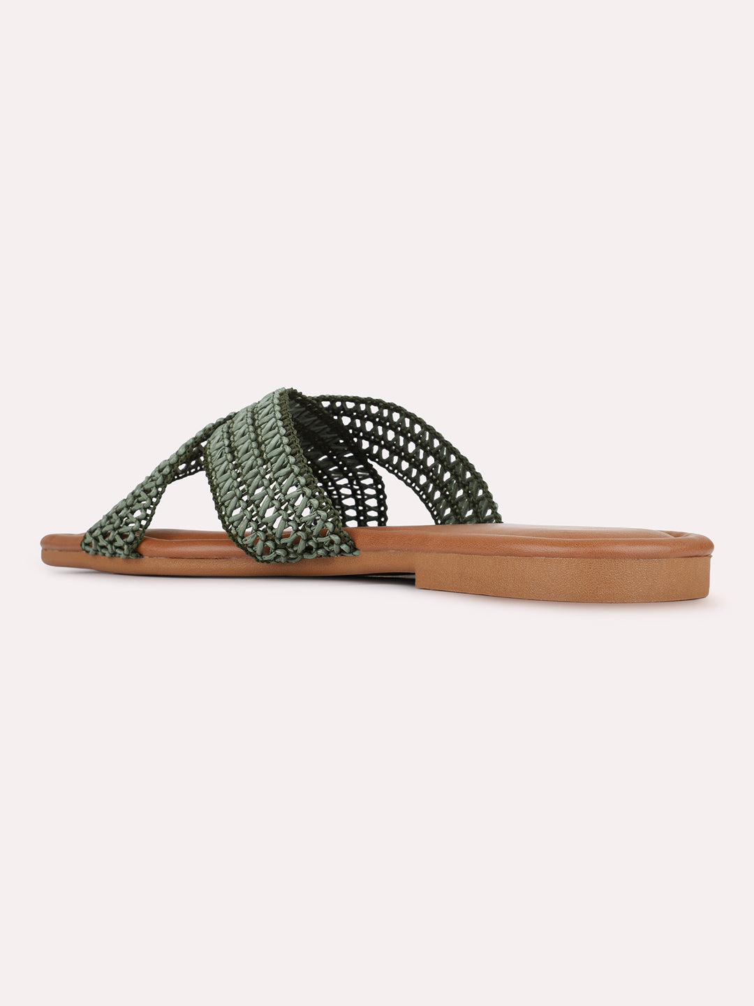 Womens Green Casual Woven Design Open Toe Slip-On Flats