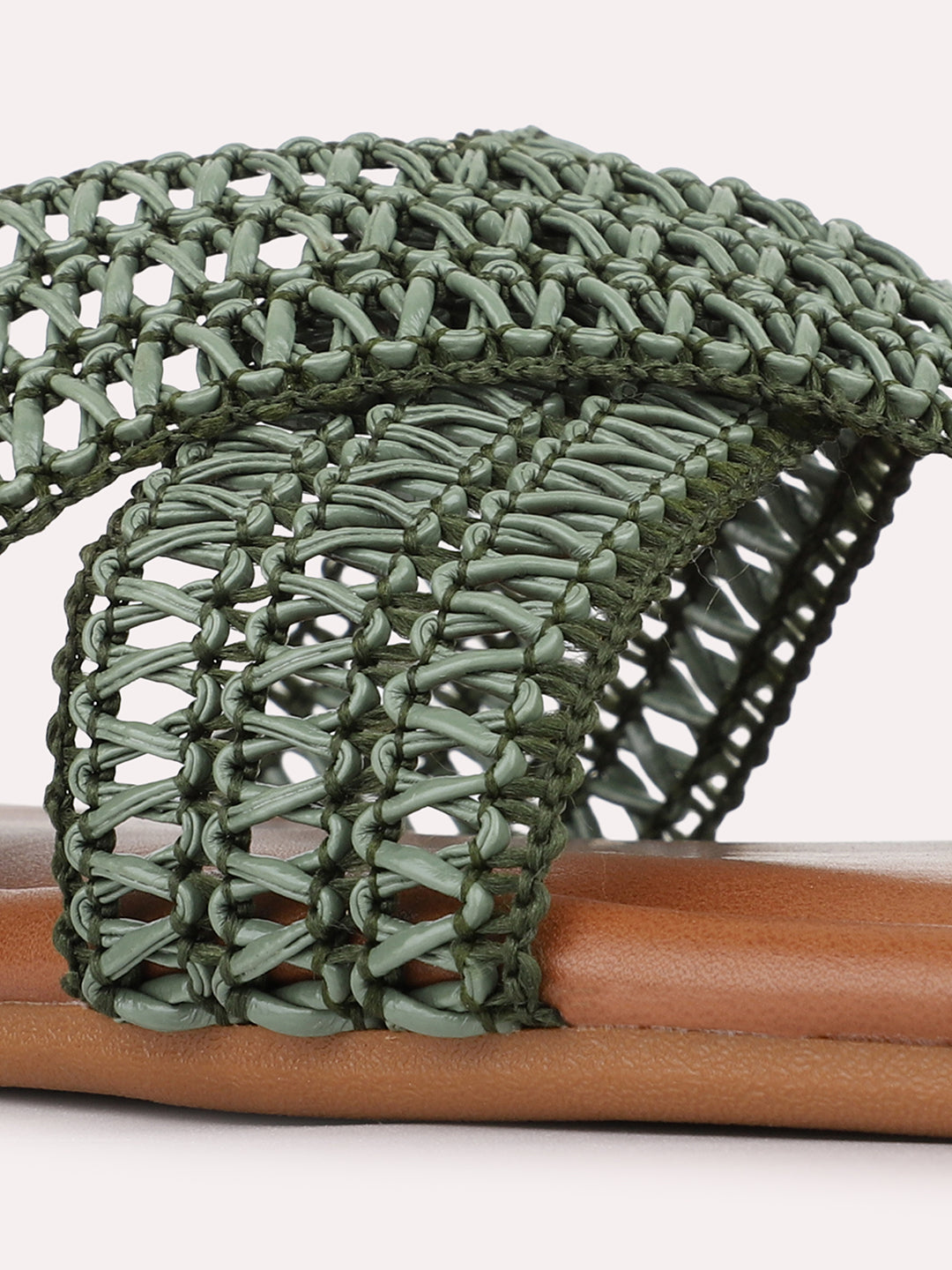 Womens Green Casual Woven Design Open Toe Slip-On Flats