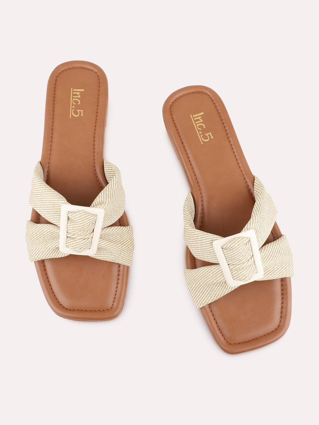 Womens Beige Casual Solid Square Toe Flat Slip-Ons