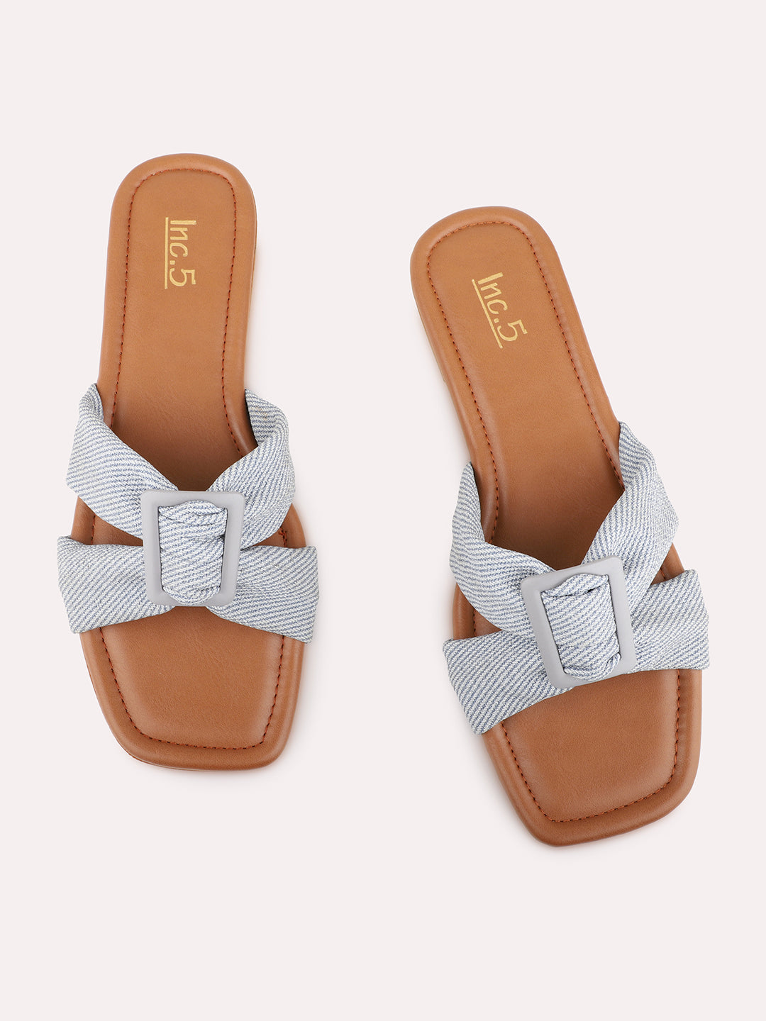 Womens Blue Casual Solid Square Toe Flat Slip-Ons