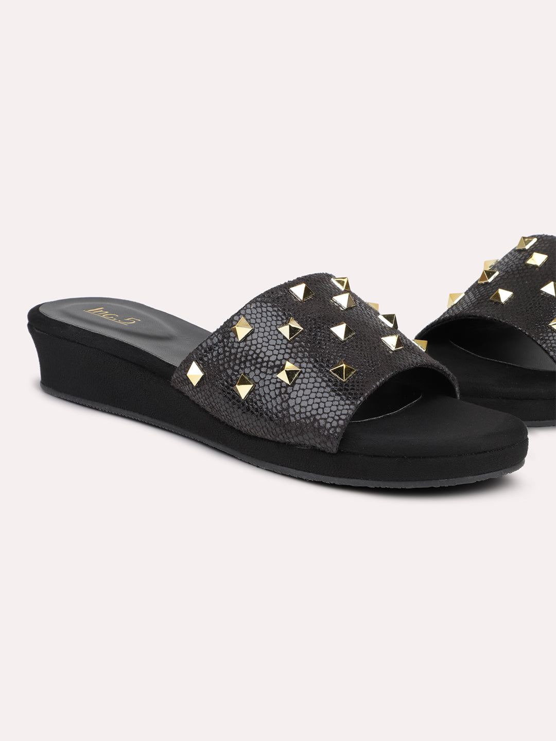 Women Black Square Metal Studded Wedges Heels