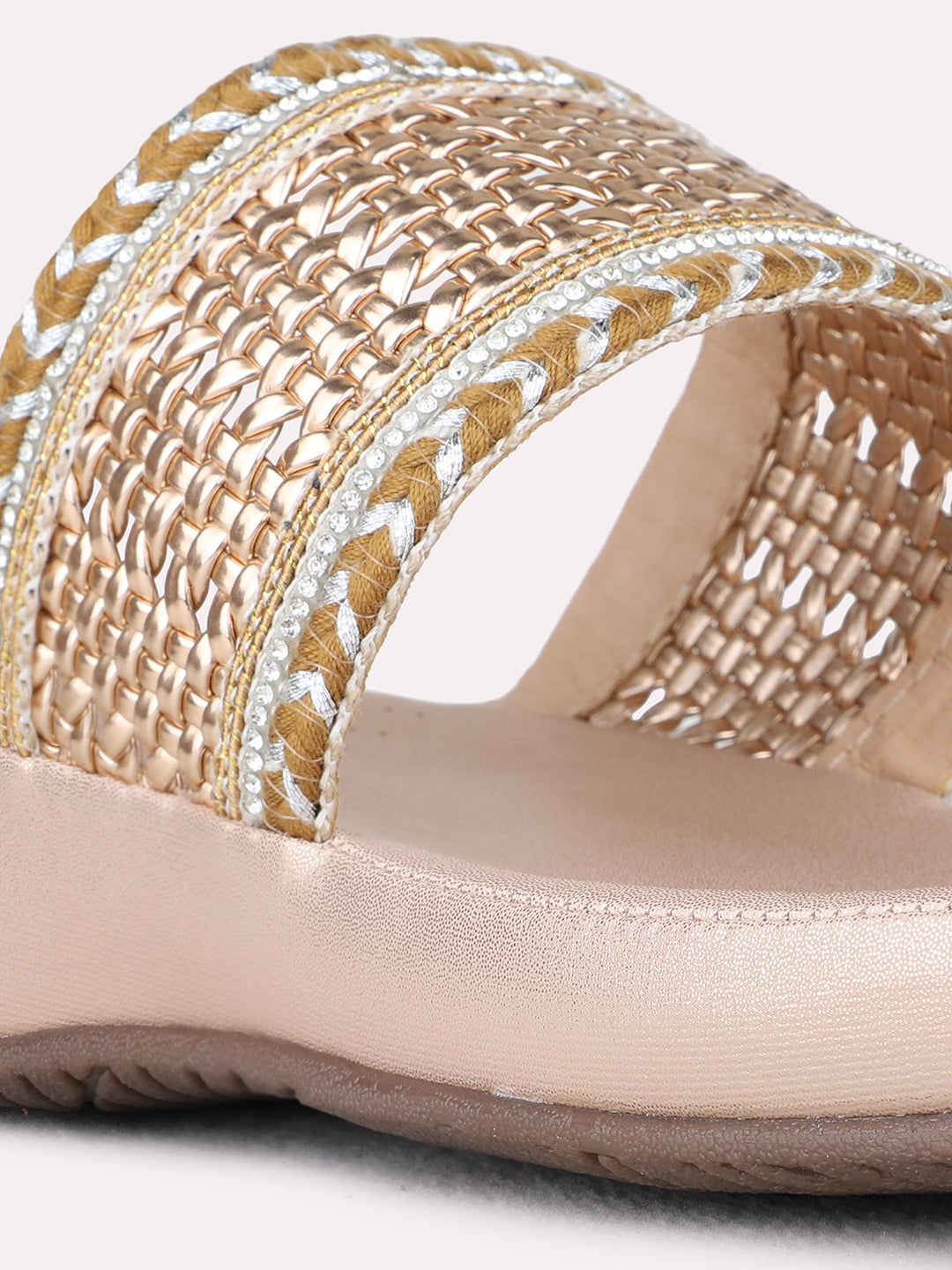 Womens Rose Gold Party Wear Embellished One Toe Flat Slip-On Sandals