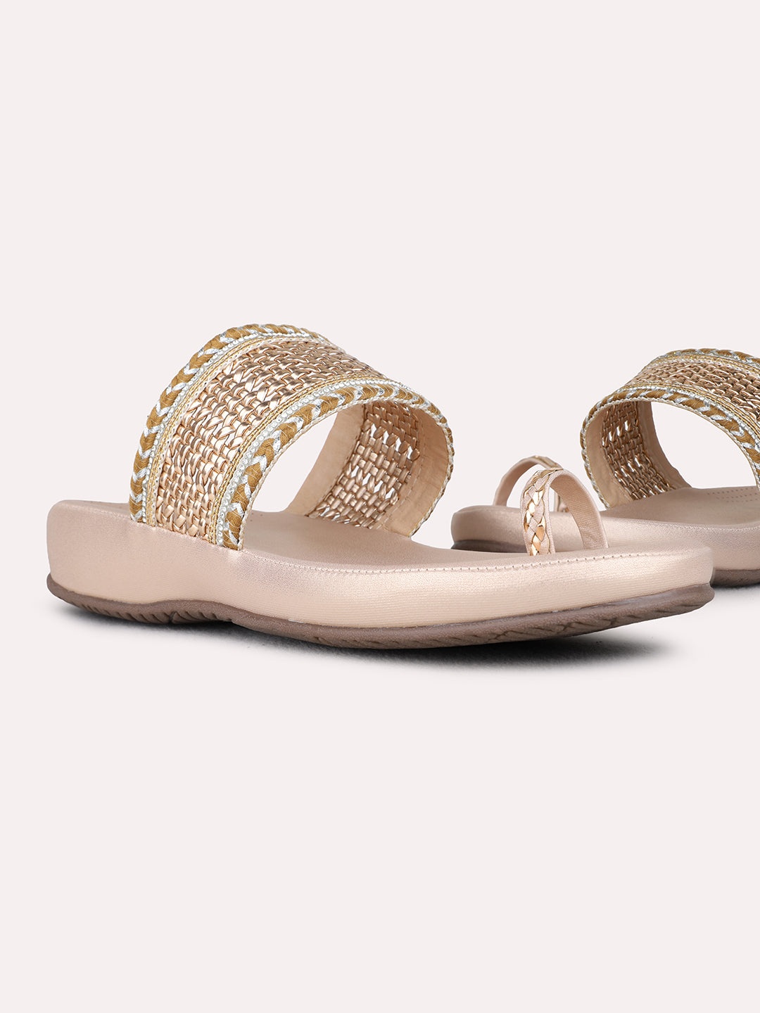 Womens Rose Gold Party Wear Embellished One Toe Flat Slip-On Sandals