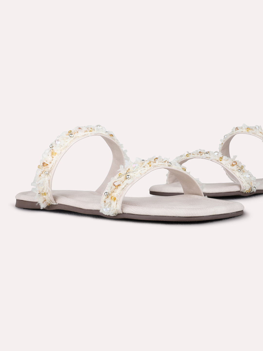 Womens Cream Casual Embellished Open Toe Flat Slip-On Sandals