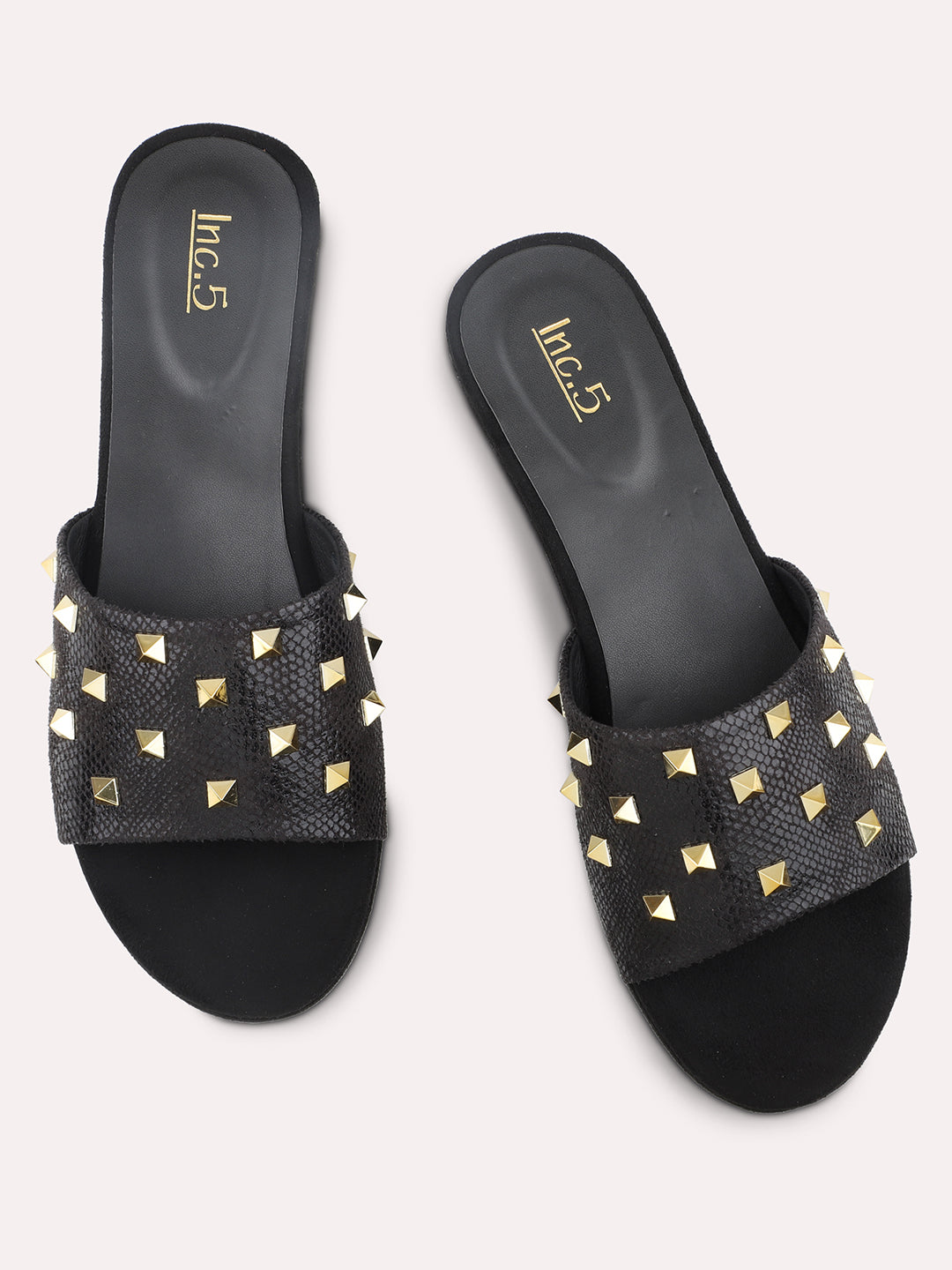 Women Black Square Metal Studded Wedges Heels