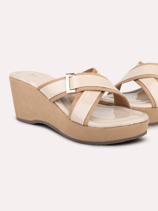 Women Beige Open Toe Wedges Heels