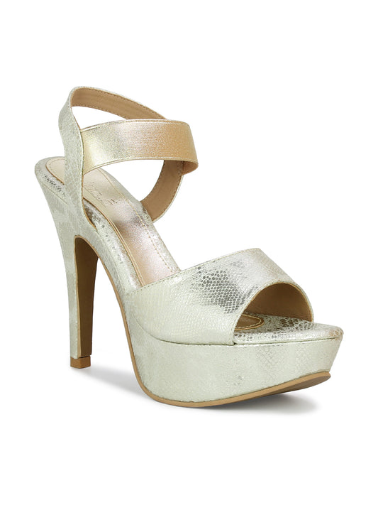 Women Gold Textured & Embellished Party Stiletto Sandals
