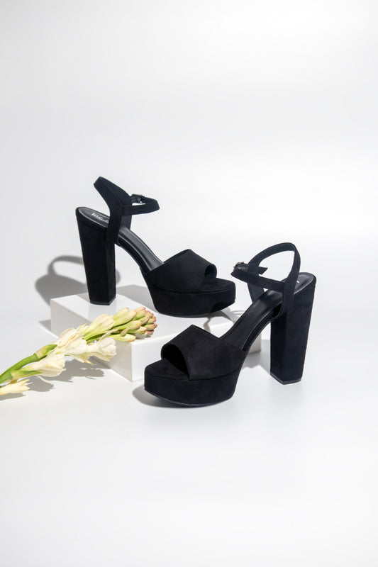 Women Black Suede Platform Peep Toes with Buckles