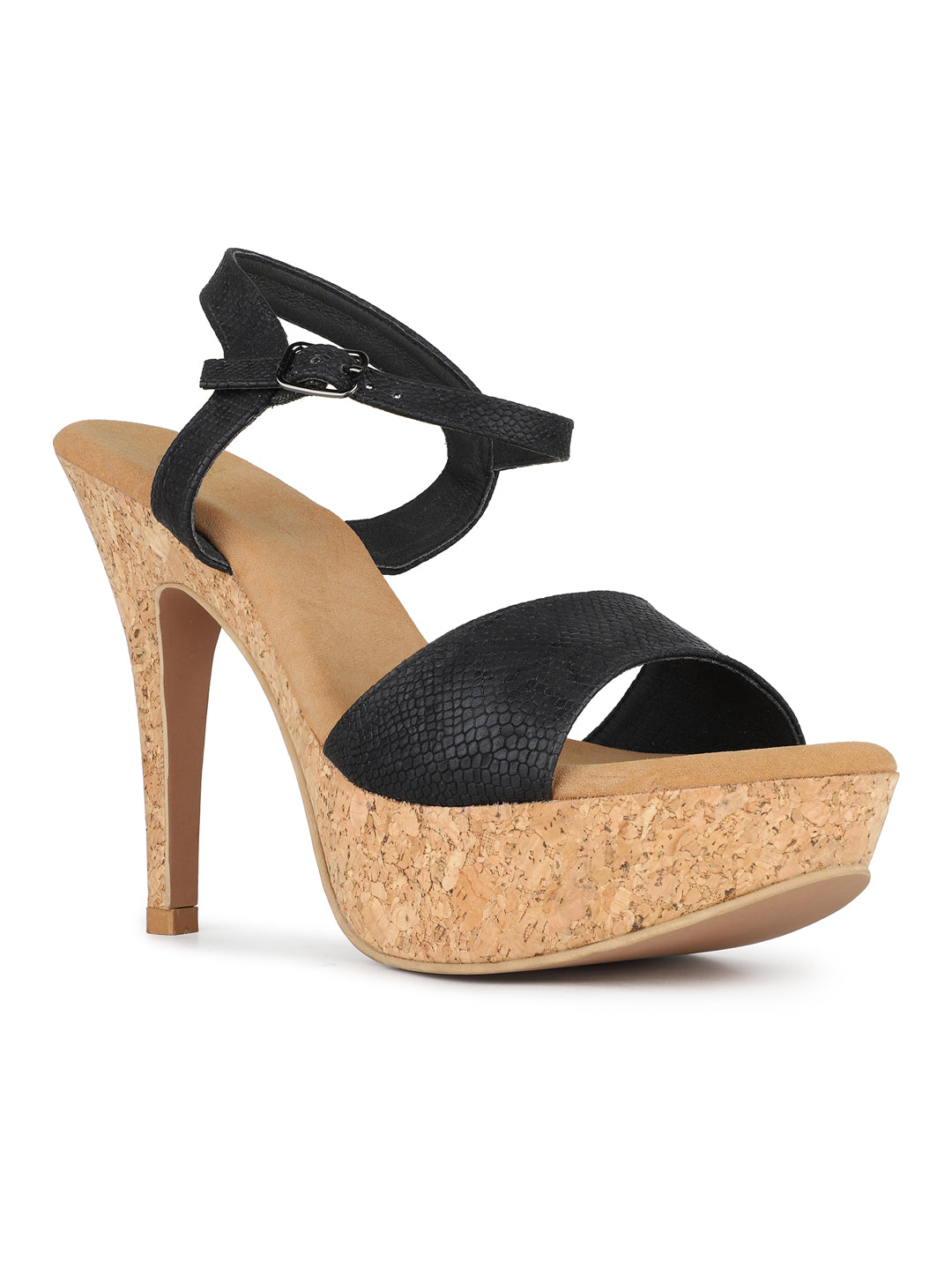 Womens Black Party Wear Solid Round Toe Platform Heel Sandals
