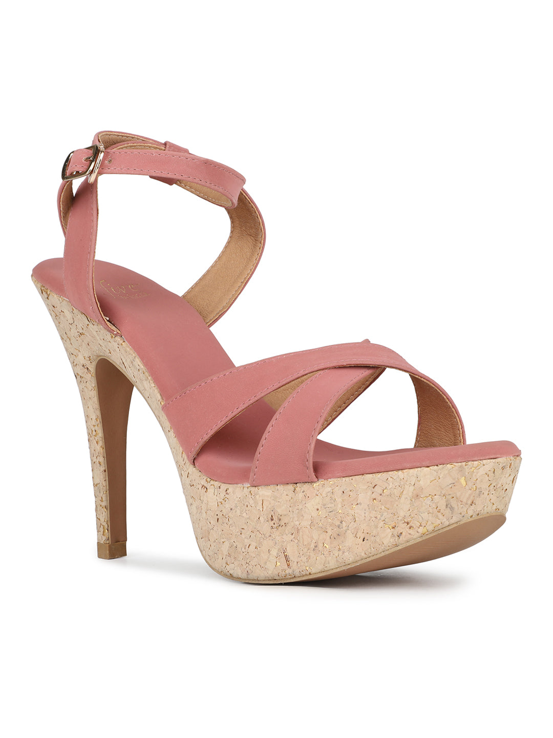 Womens Peach Party Wear Solid Round Toe Platform Heel Sandals