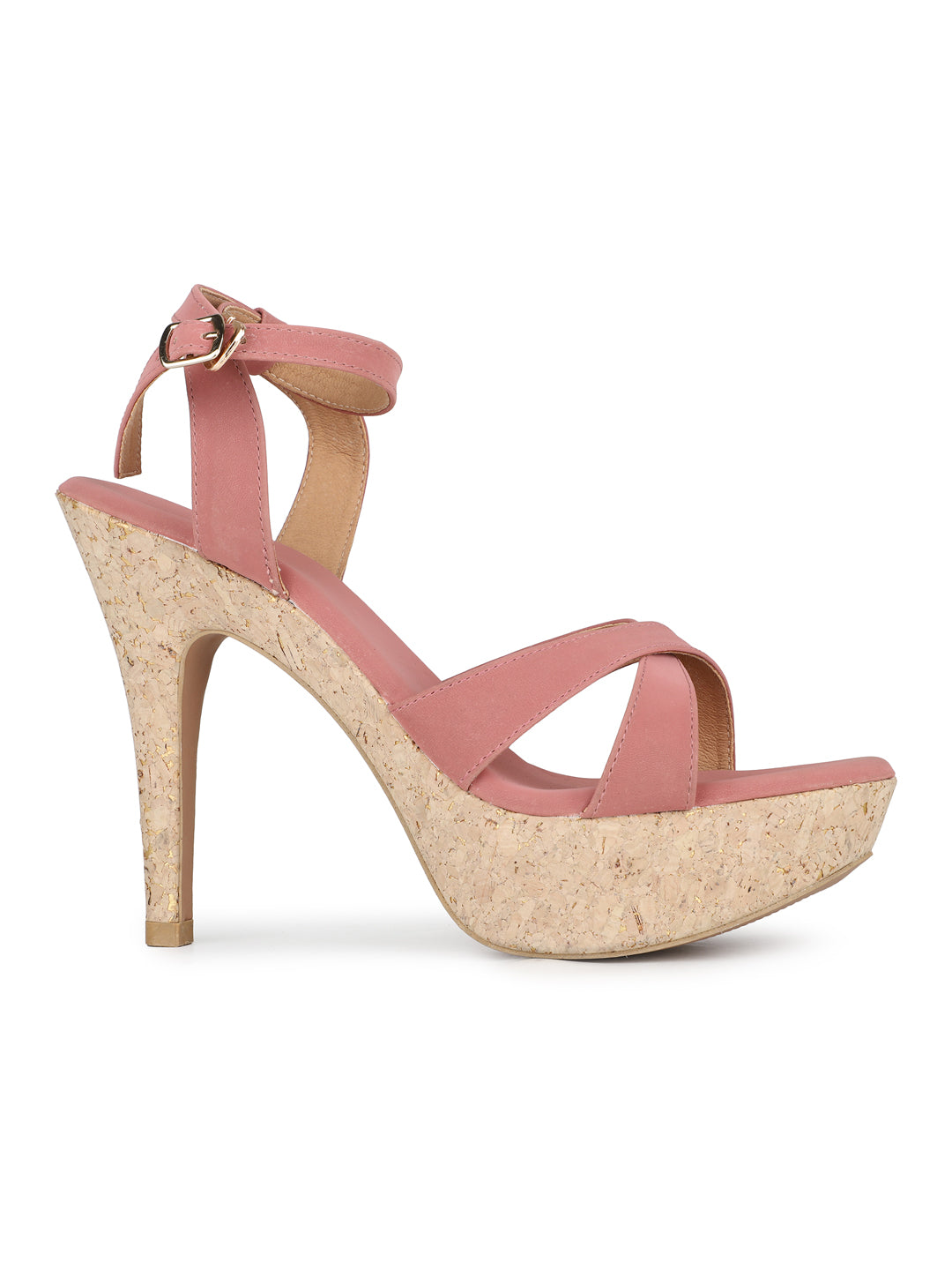 Womens Peach Party Wear Solid Round Toe Platform Heel Sandals