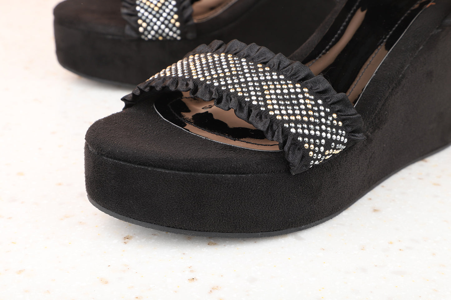 Women Black Textured Wedge Heels