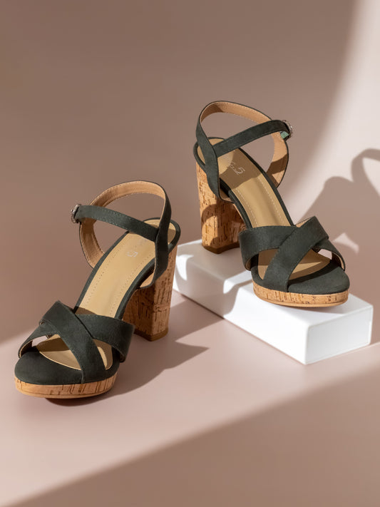 Women Green Textured Open Toe Platform Heels With Buckle Detail