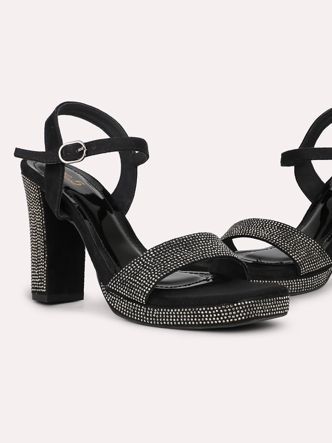 Women Black Embellished Platform Heels With Buckle Details