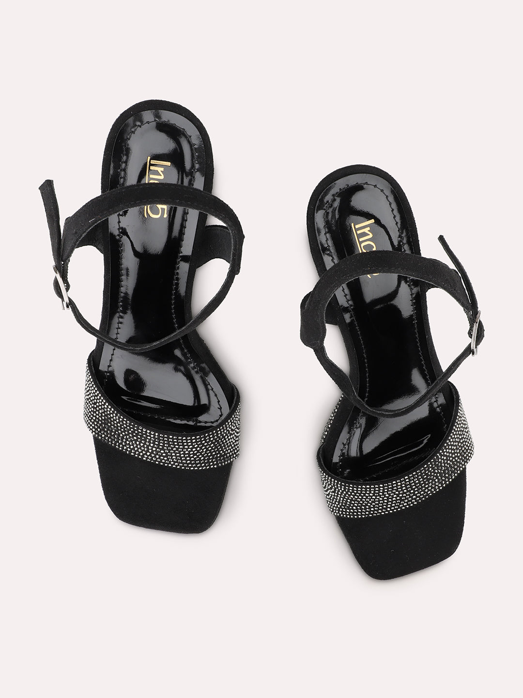 Women Black Embellished Platform Heels With Buckle Details