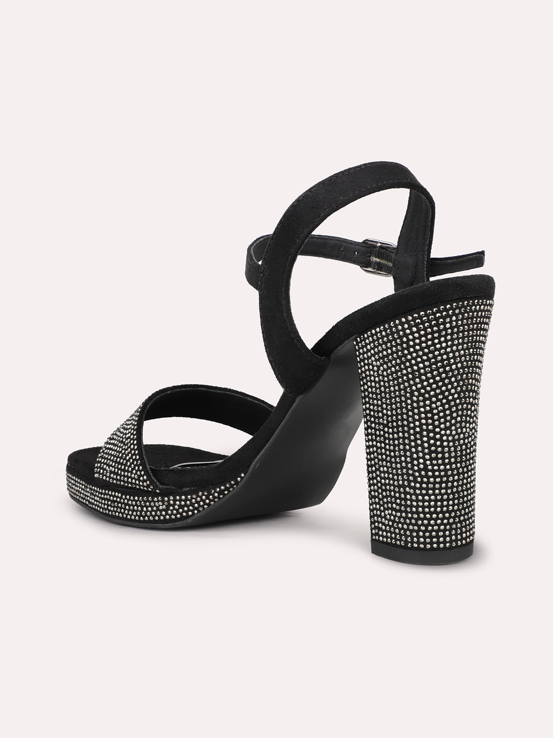 Women Black Embellished Platform Heels With Buckle Details