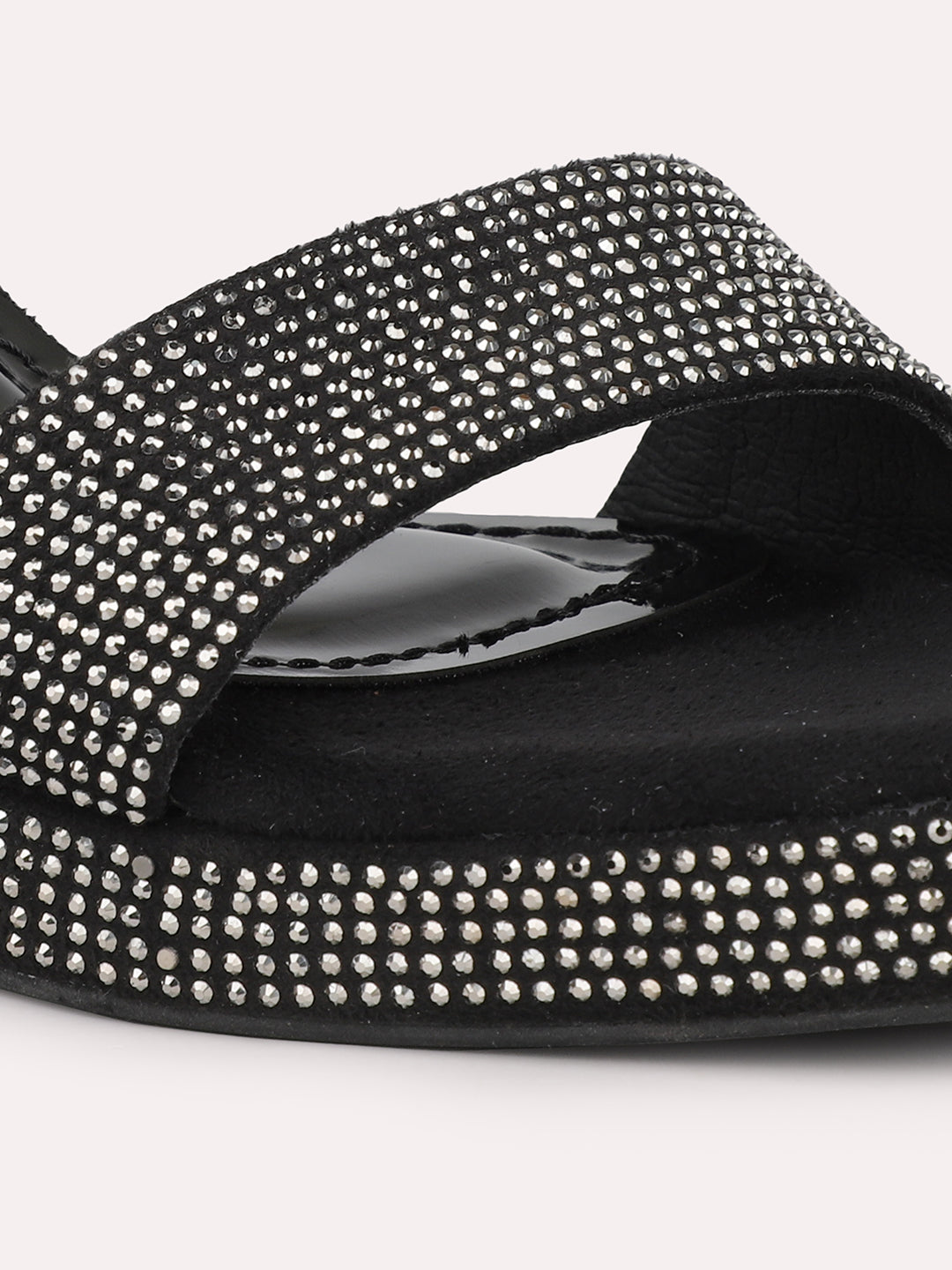 Women Black Embellished Platform Heels With Buckle Details