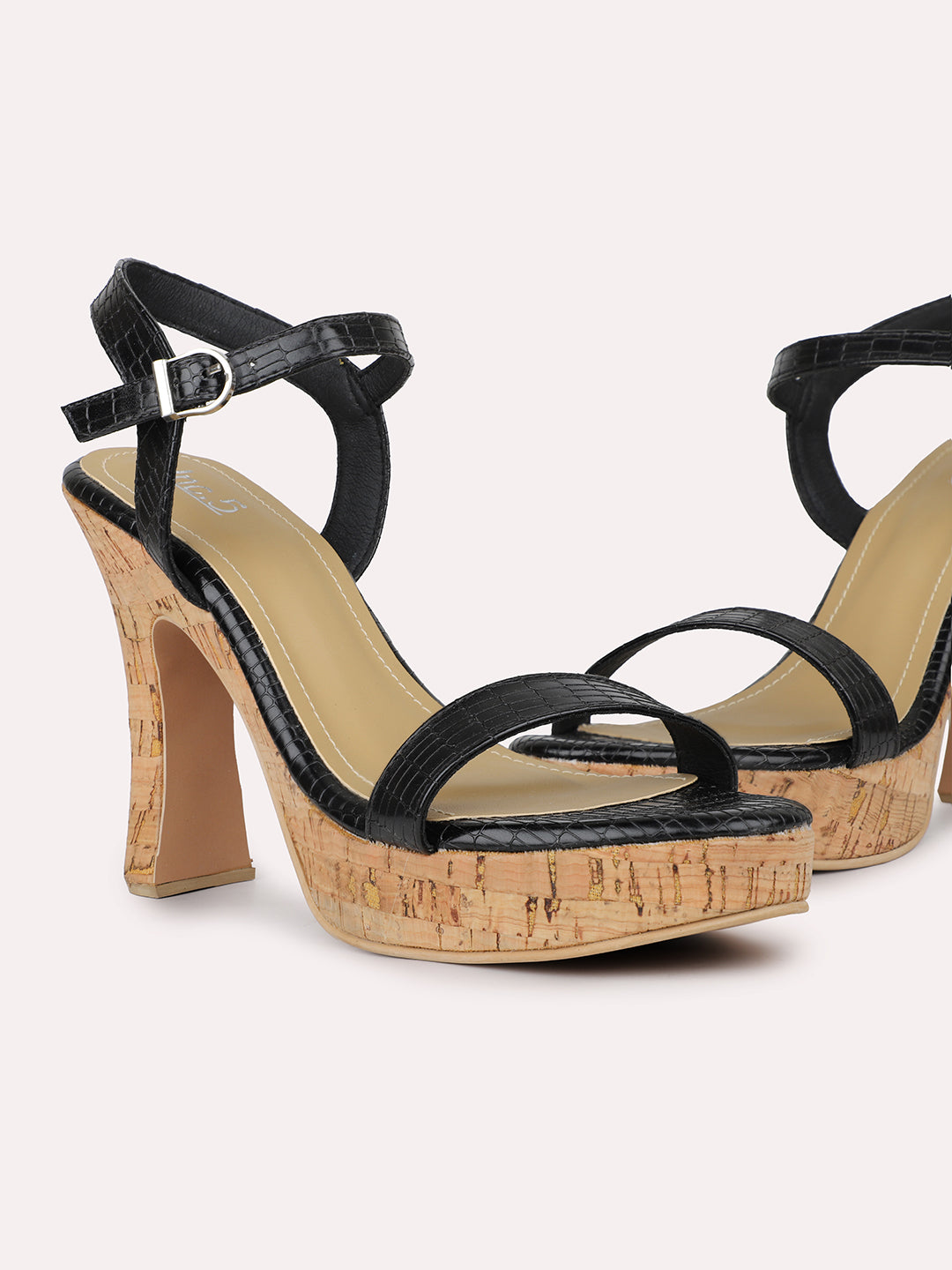 Women Black Textured Cork Finish Platform Heels With Buckle Detail