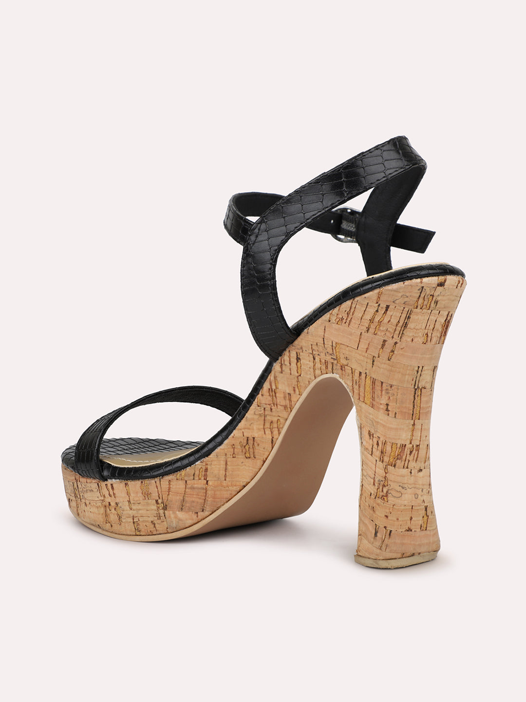 Women Black Textured Cork Finish Platform Heels With Buckle Detail