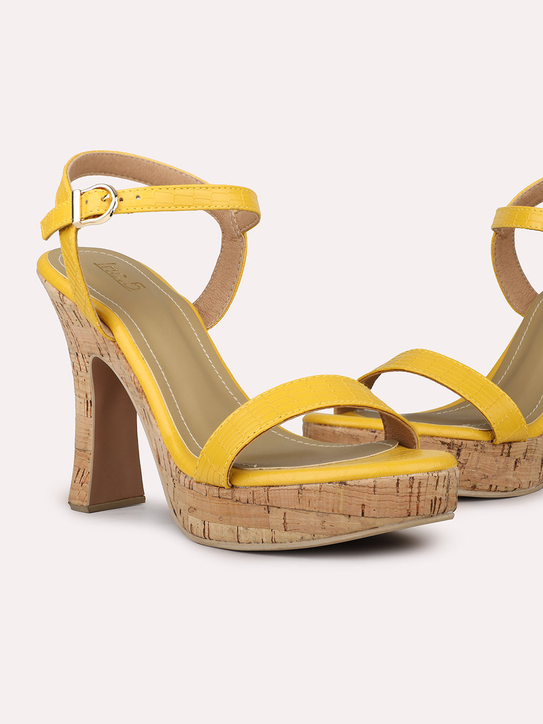 Women Mustard Cork Finish Platform Heels With Buckle Details