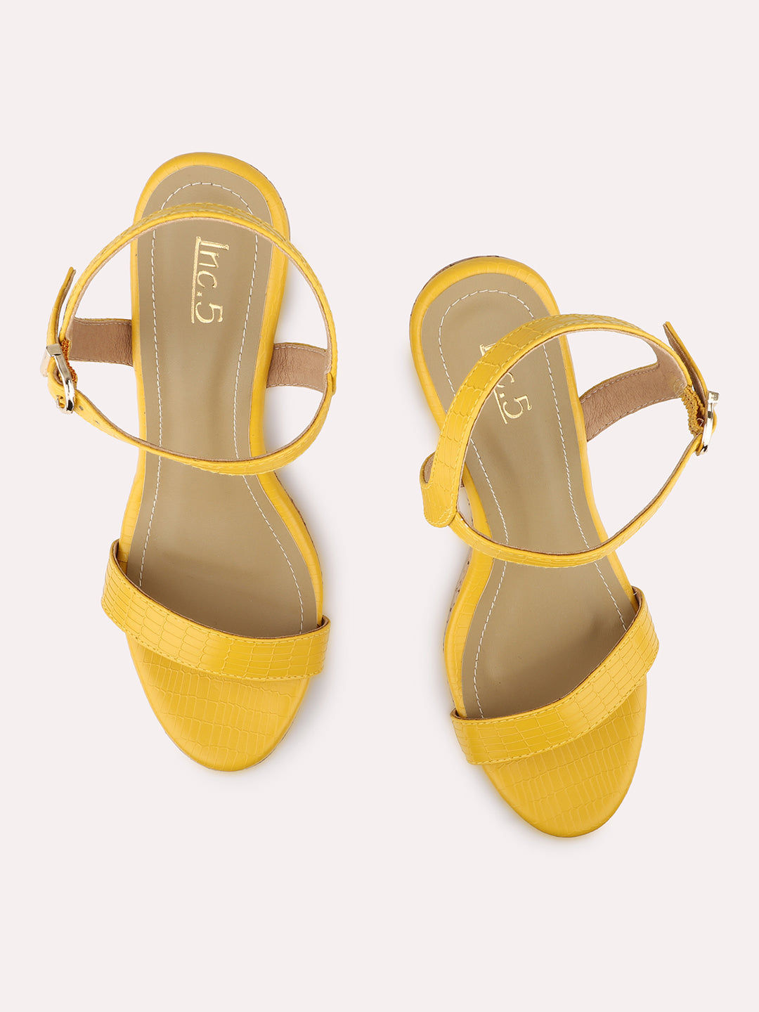 Women Mustard Cork Finish Platform Heels With Buckle Details