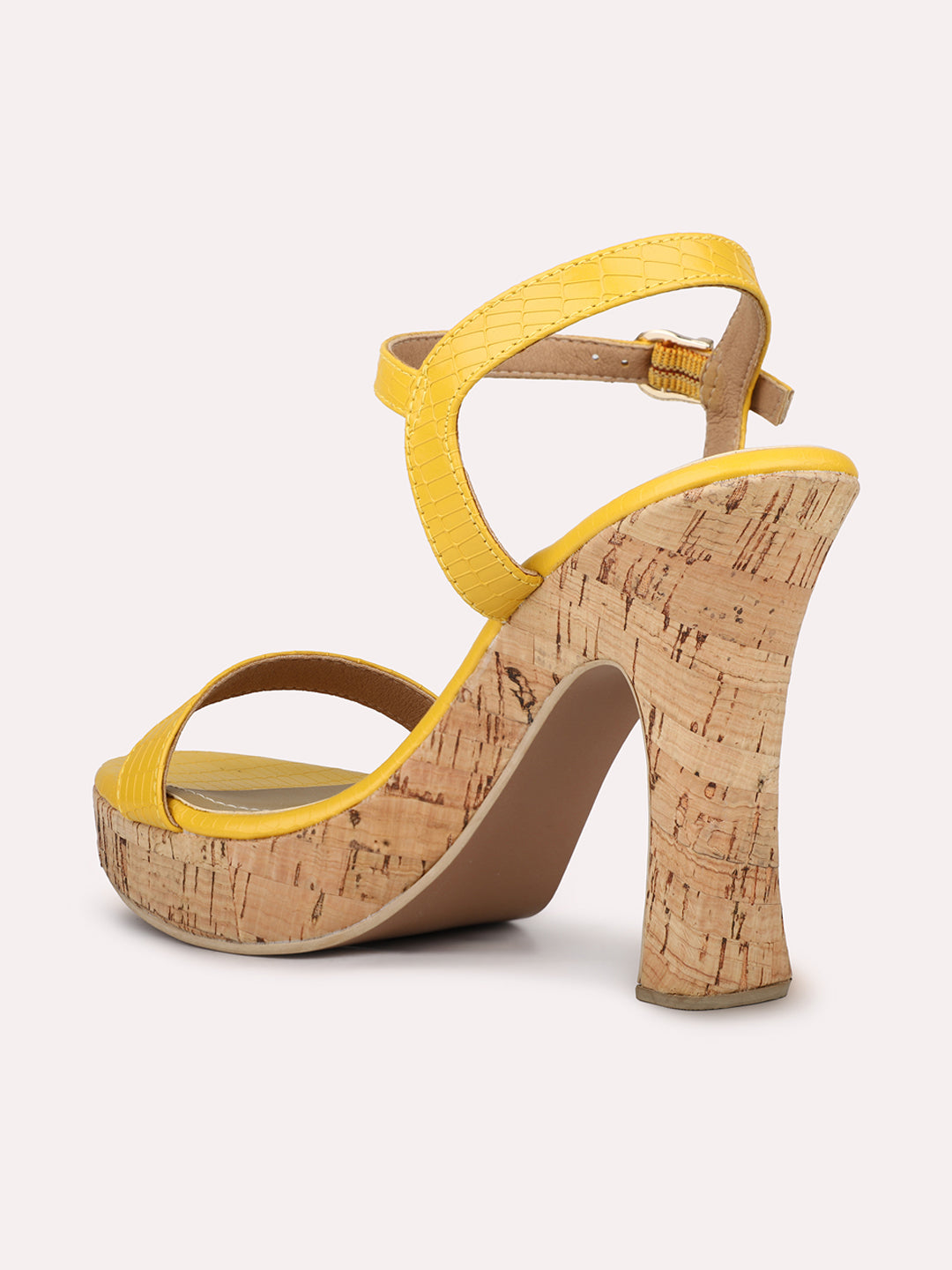 Women Mustard Cork Finish Platform Heels With Buckle Details