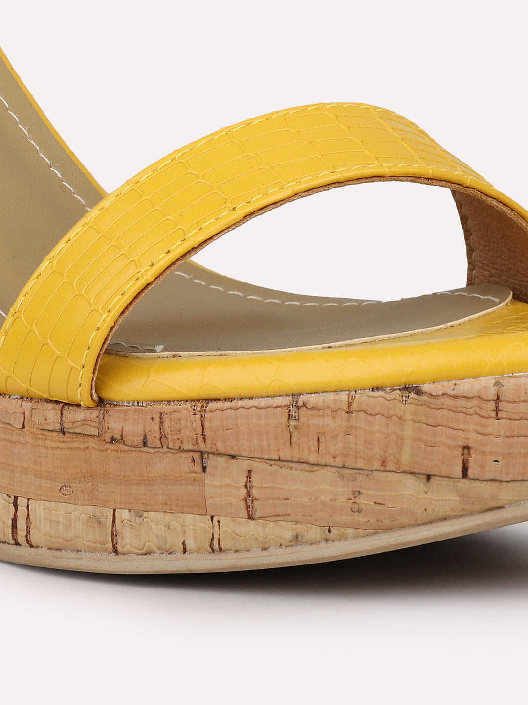 Women Mustard Cork Finish Platform Heels With Buckle Details