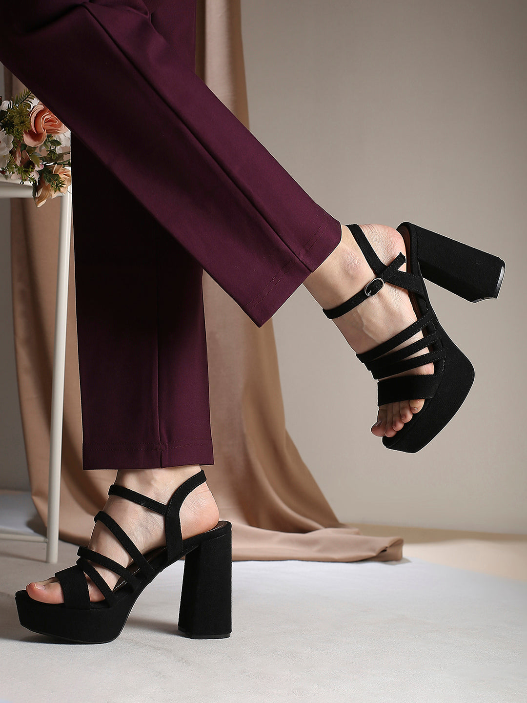 Women Black Strappy Platform Heels With Buckles