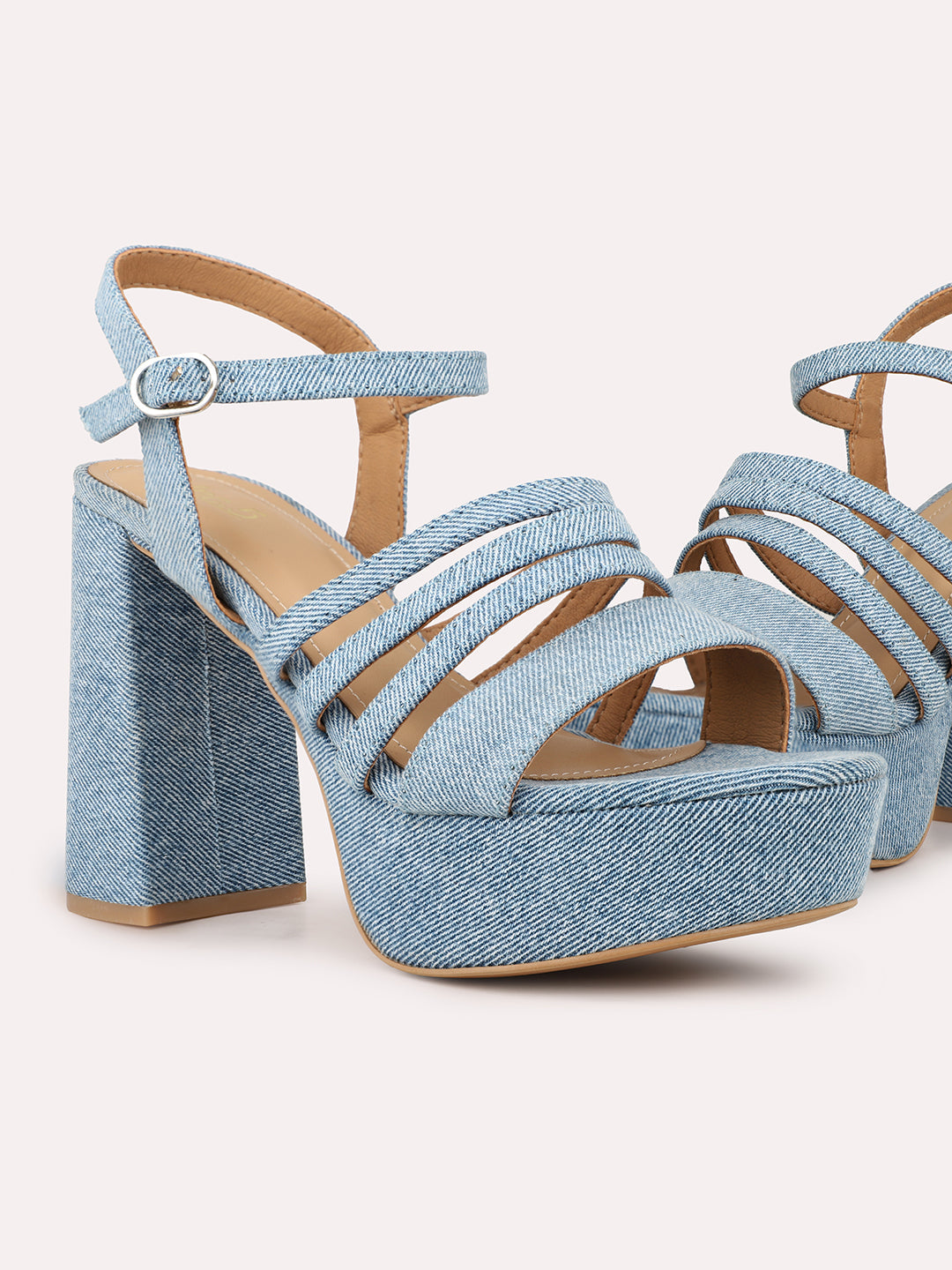 Women Blue Denim Strappy Platform Heels With Buckles