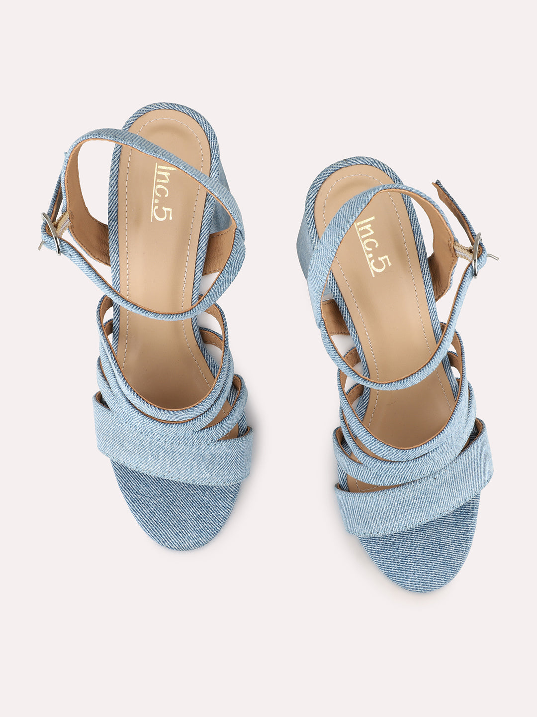 Women Blue Denim Strappy Platform Heels With Buckles