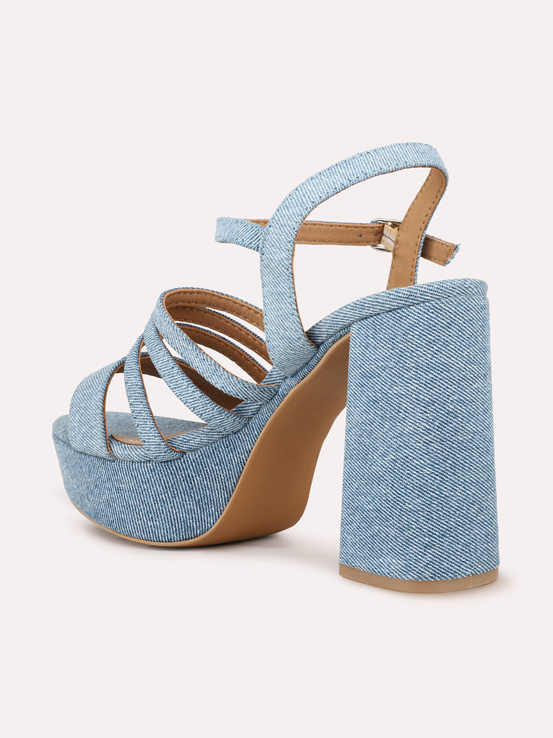 Women Blue Denim Strappy Platform Heels With Buckles