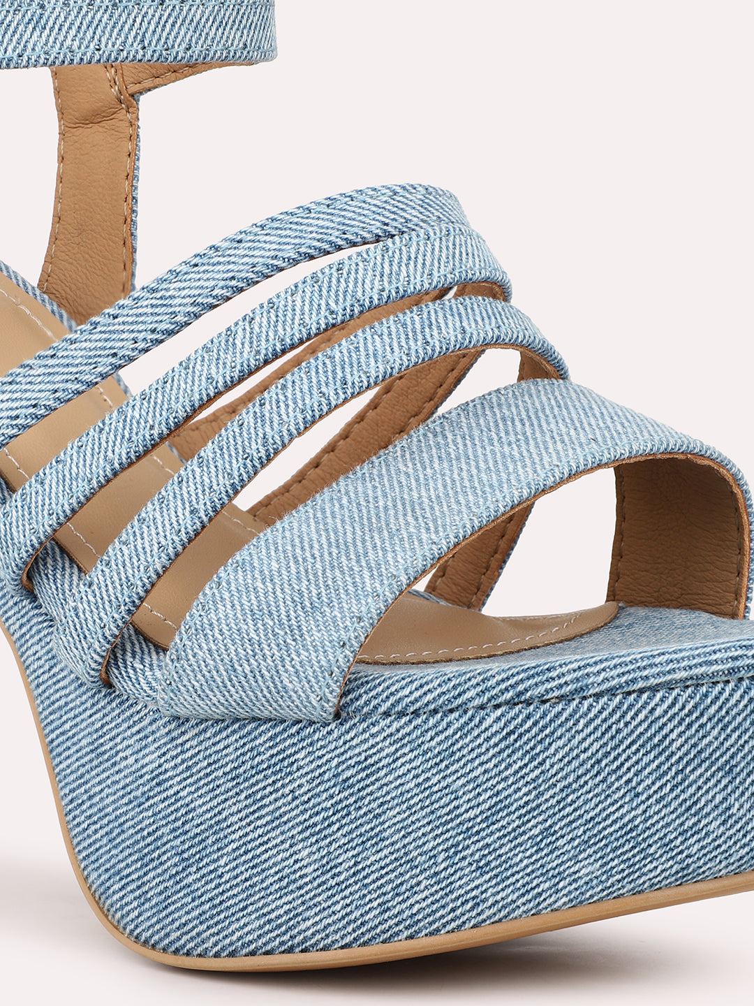 Women Blue Denim Strappy Platform Heels With Buckles