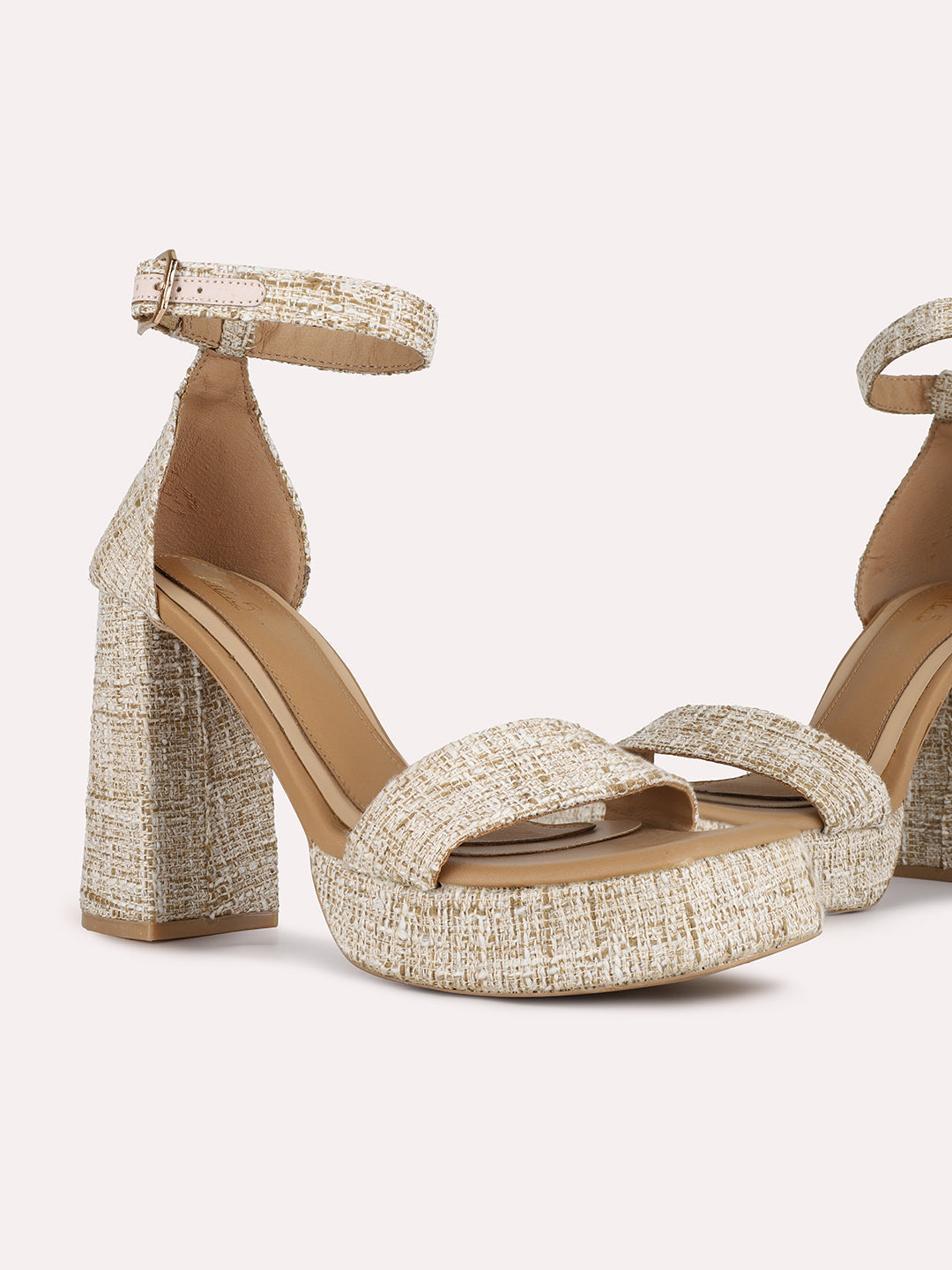 Women Beige Party Wear Embellished Round Toe Platform Heel Sandals