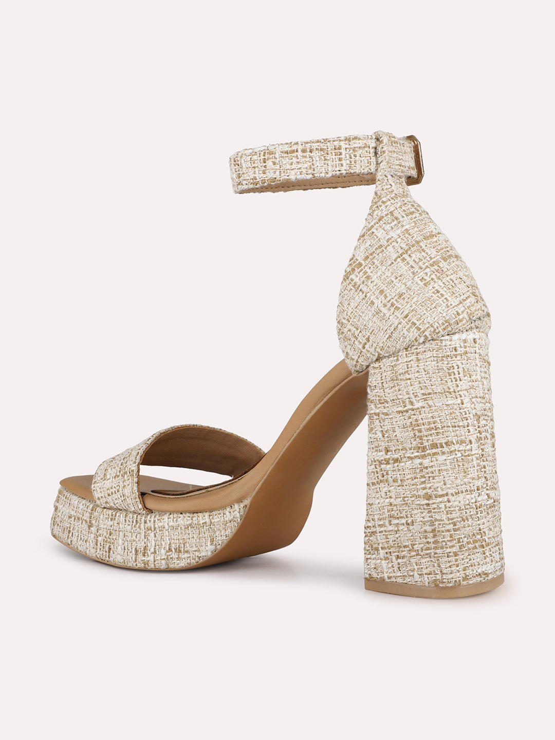 Women Beige Party Wear Embellished Round Toe Platform Heel Sandals