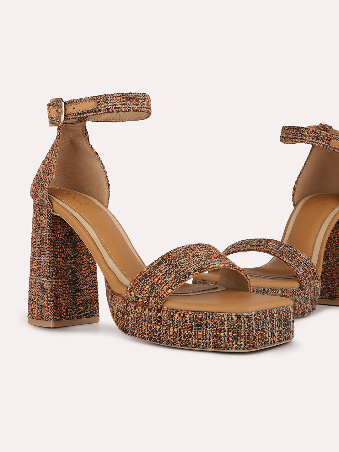 Women Tan Party Wear Printed Round Toe Platform Heel Sandals