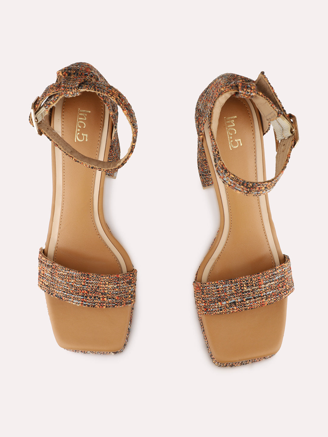 Women Tan Party Wear Printed Round Toe Platform Heel Sandals