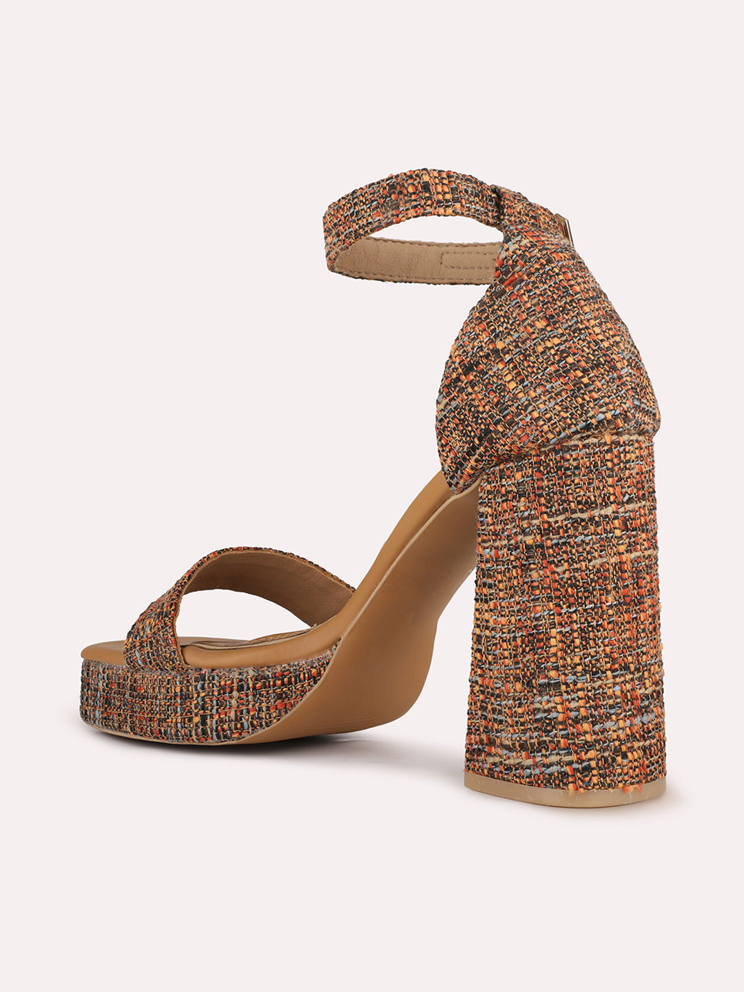 Women Tan Party Wear Printed Round Toe Platform Heel Sandals