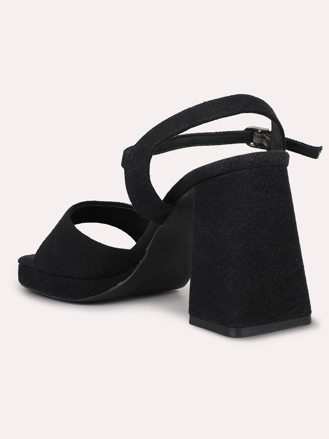 Women Black Open Toe Suede Block Heels With Buckle Detail