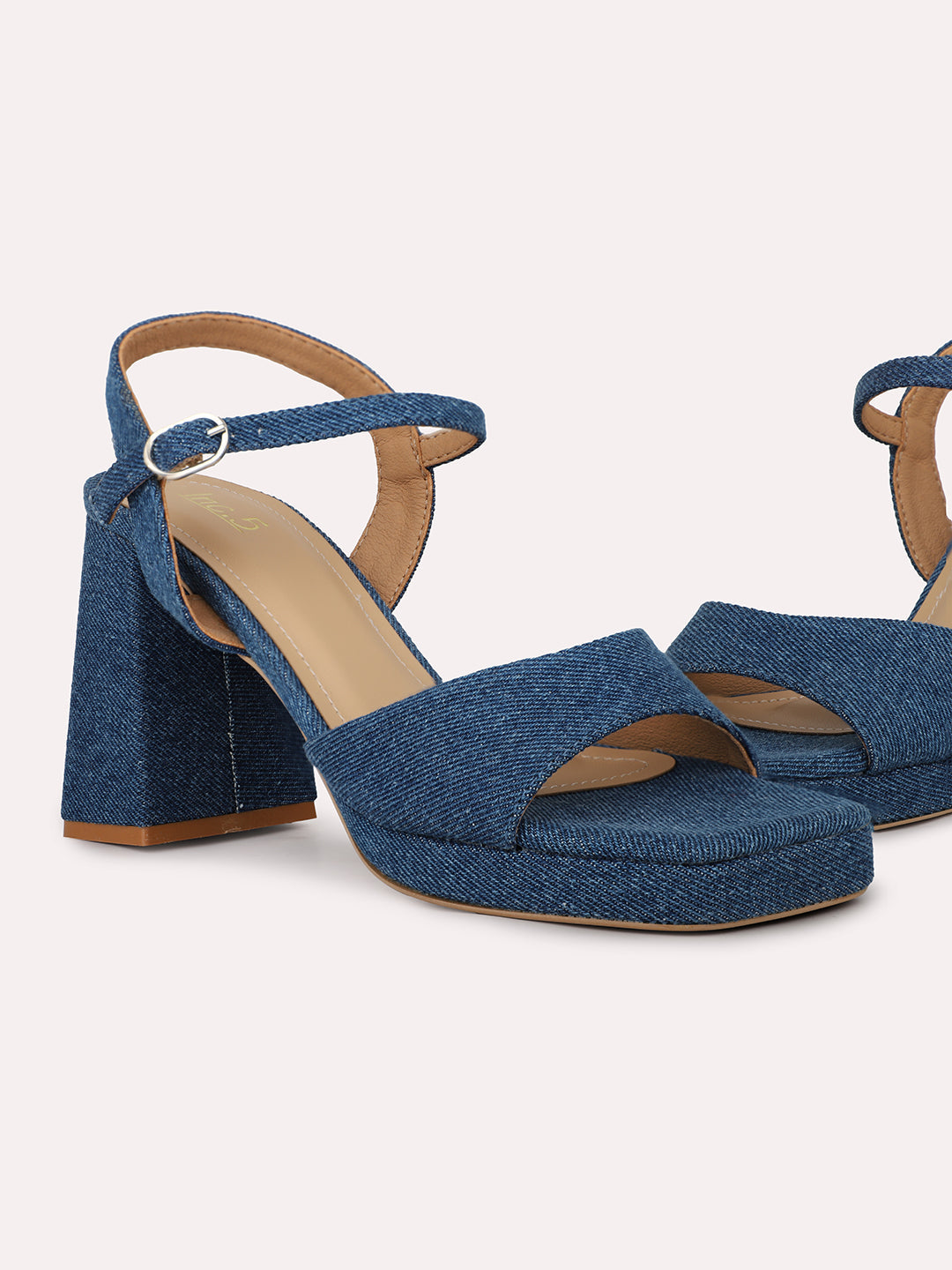 Women Navy Open Toe Suede Block Heels With Buckle Detail