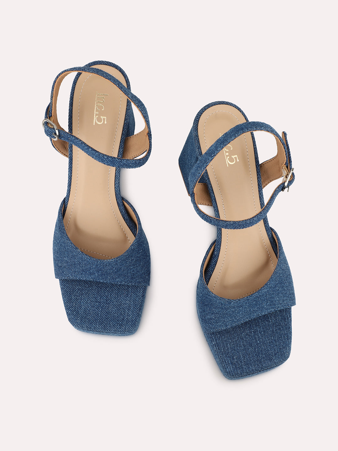 Women Navy Open Toe Suede Block Heels With Buckle Detail