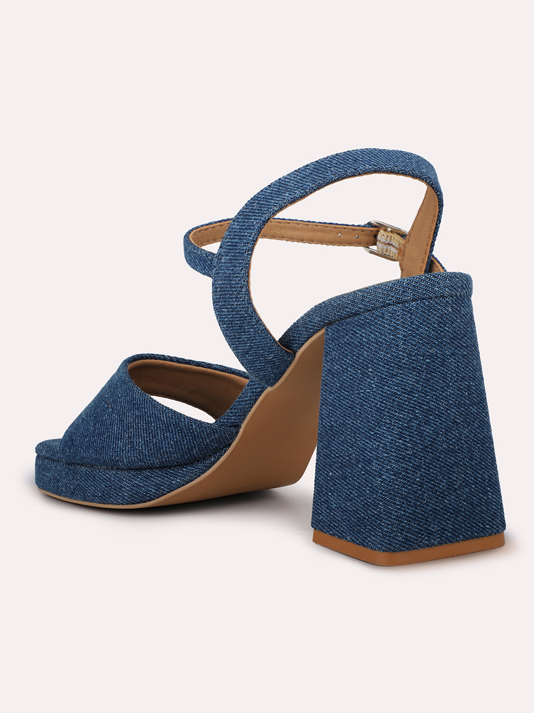 Women Navy Open Toe Suede Block Heels With Buckle Detail