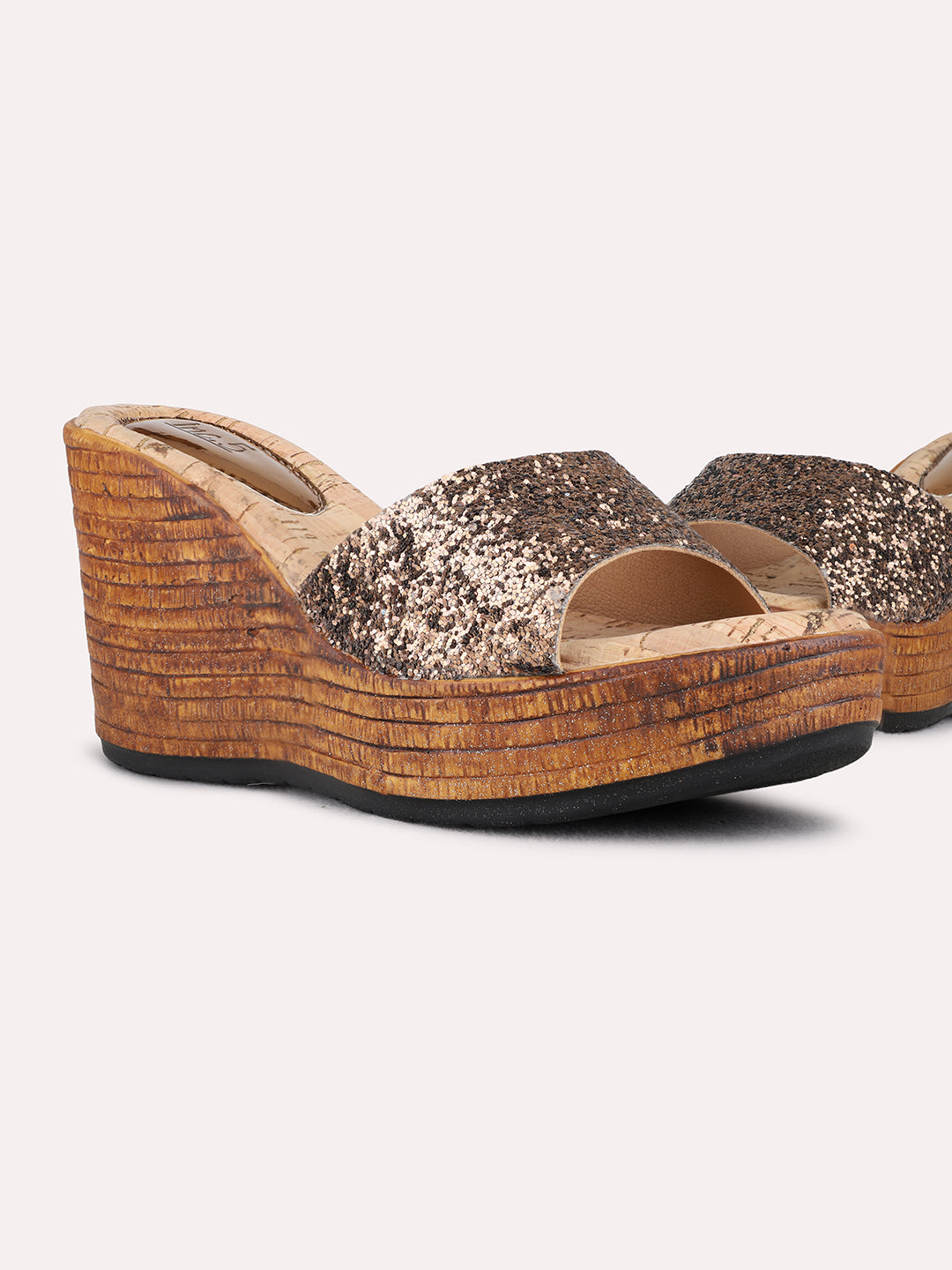 Womens Golden Ethnic Wear Textured Round Toe Wedge Heel Sandals