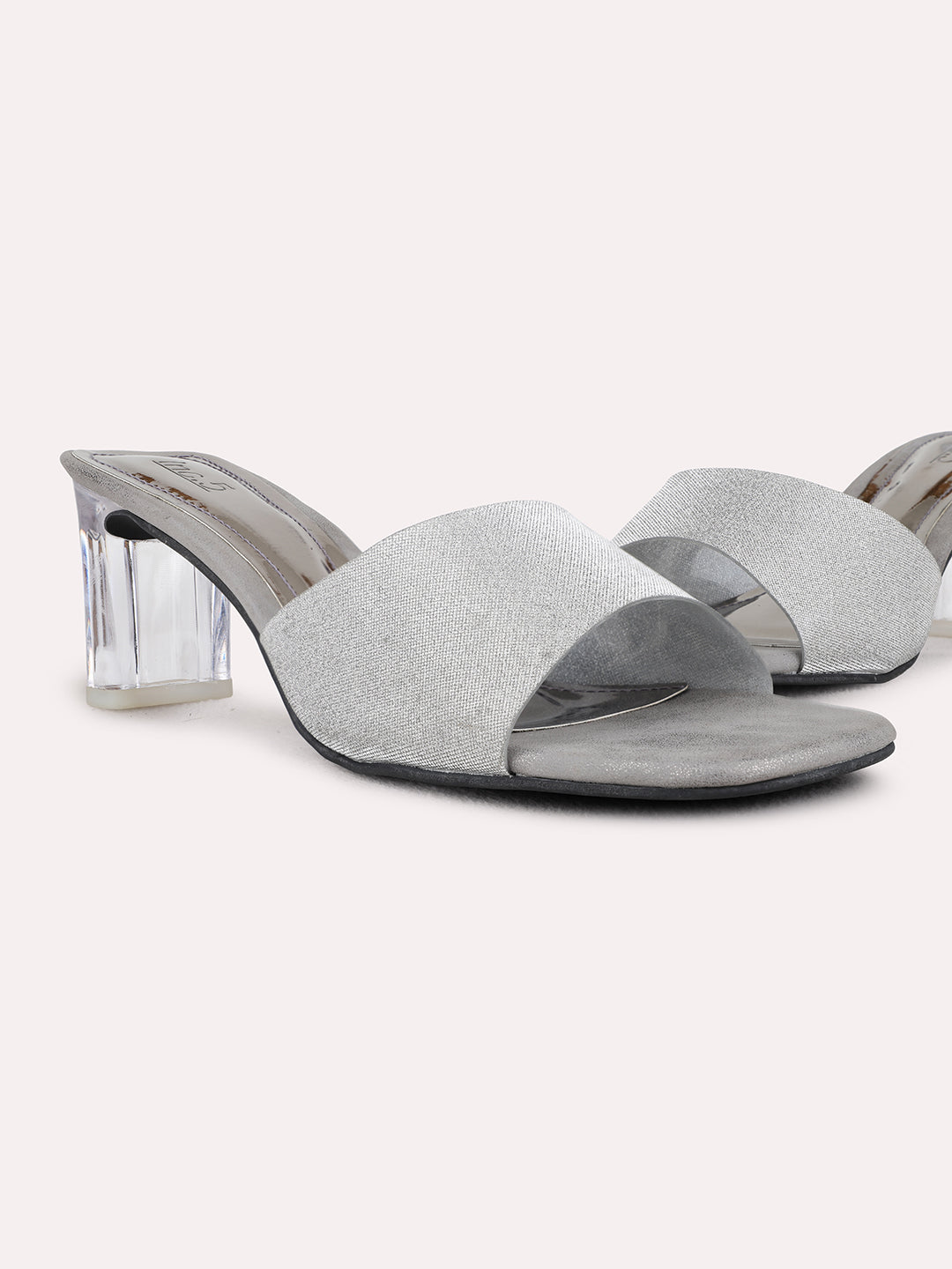 Womens Pewter Party Wear Textured Square Toe Block Heel Sandals