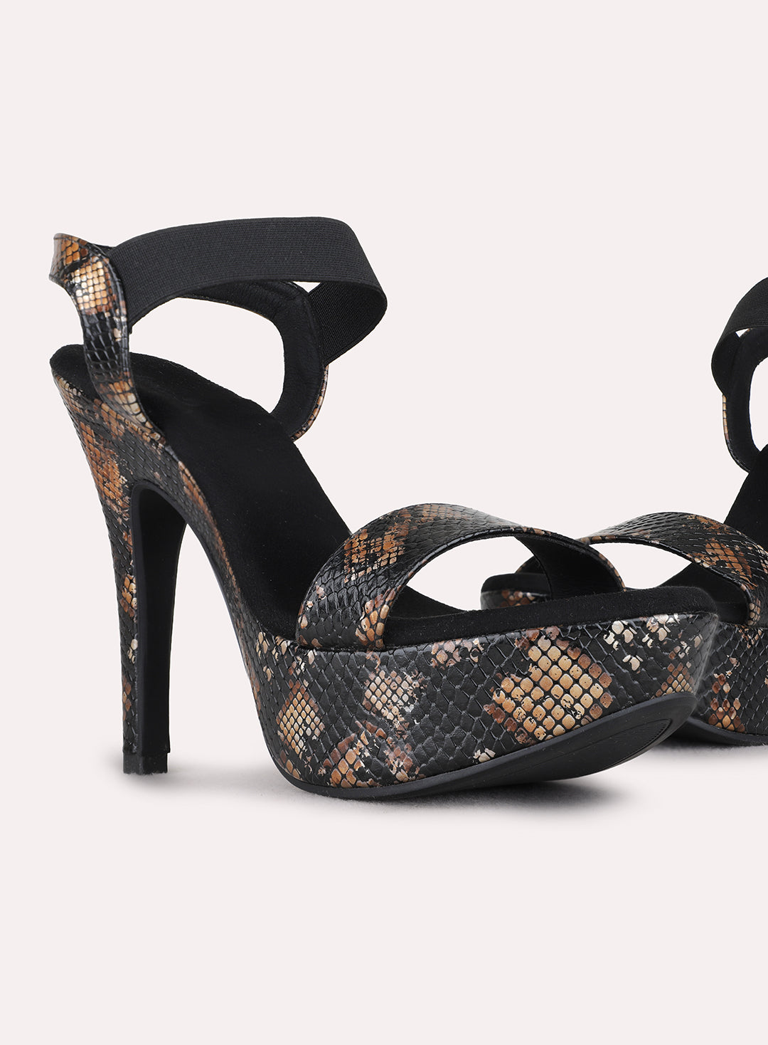 Womens Black Party Wear Printed Pattern Round Toe Platform Heels