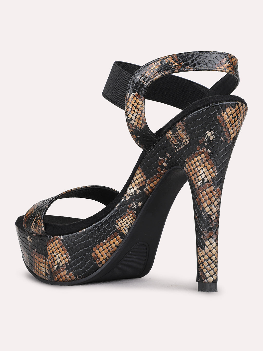Womens Black Party Wear Printed Pattern Round Toe Platform Heels