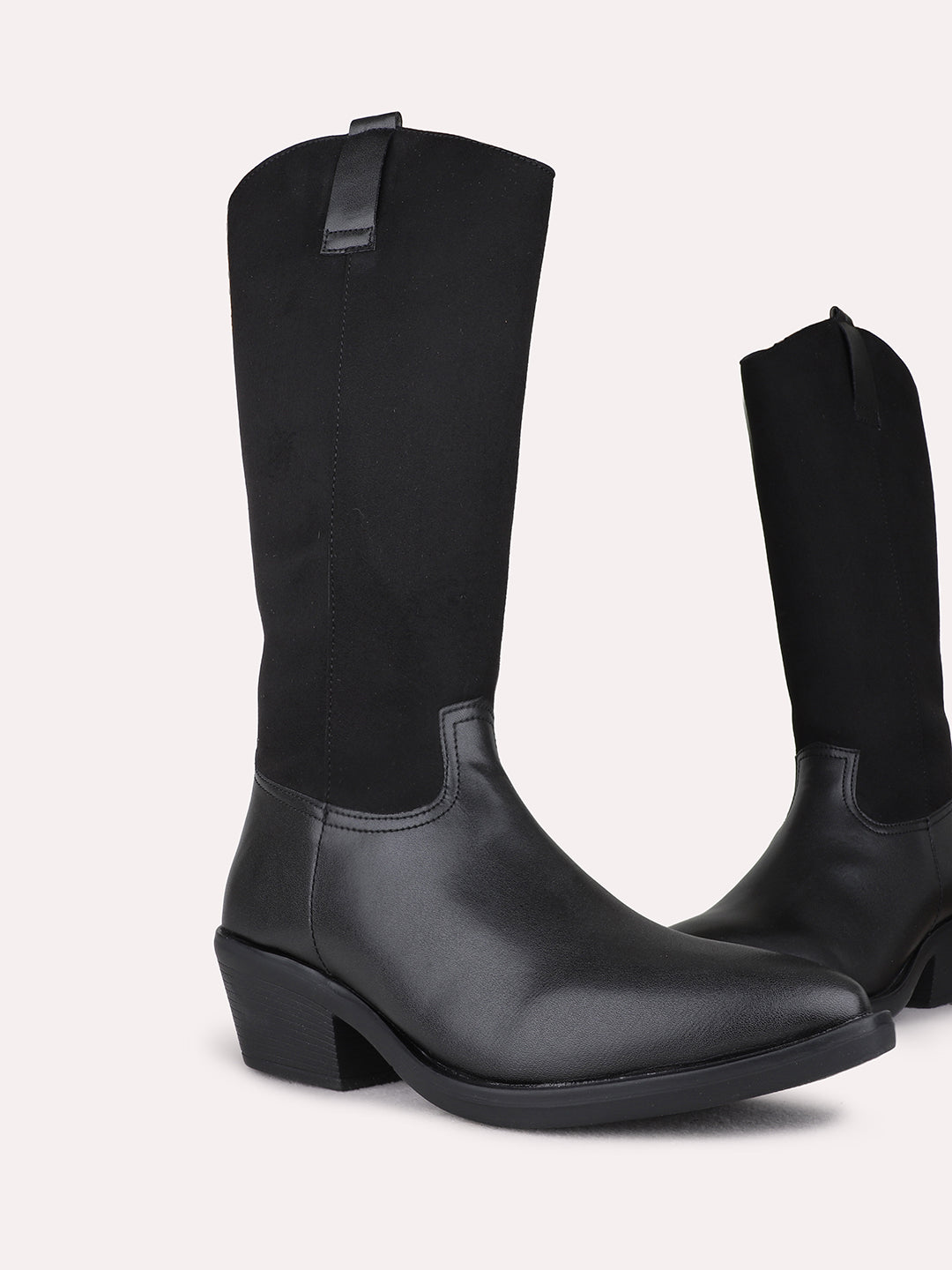 Womens Black Casual Solid Narrow Toe Block Heel Boots